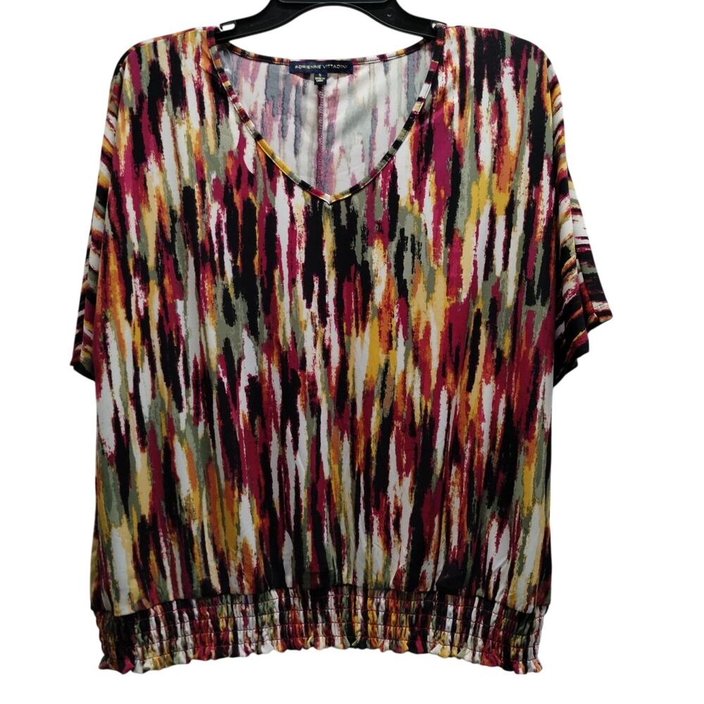 Adrienne Vittadini Size Small Multicolor Abstract V-Neck Shirred Waist Blouse